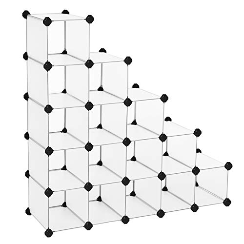SONGMICS Estantería Modular de plástico PP Zapatero Organizador 15 Cubos Blanco semitraslúcido 113 x 36 x 113 cm LPC44S