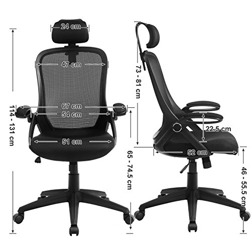 SONGMICS OBN51BK - Silla de Oficina giratoria, Silla de Escritorio ergonómica, Apoyabrazos Plegables, Reposacabezas Ajustable, Mecanismo de inclinación, Tejido de Malla Transpirable, Negro