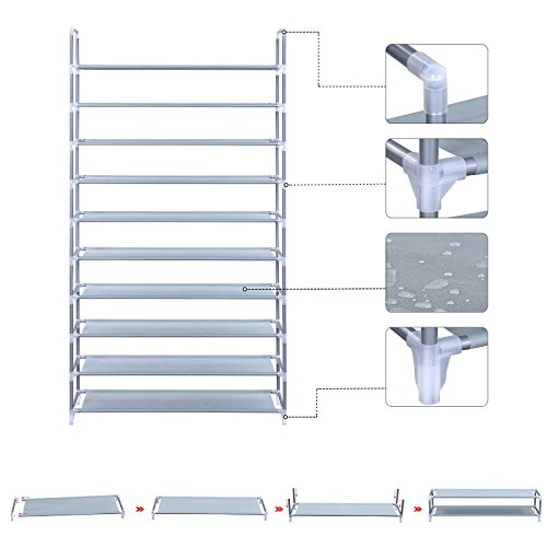 SONGMICS Zapatero de 10 Niveles, Organizador de Zapatos, con Capacidad para 50 Pares de Zapatos, para Salón, Guardarropa y Vestíbulo, Tela no Tejida, 100 x 29 x 175 cm, Gris LSR10G