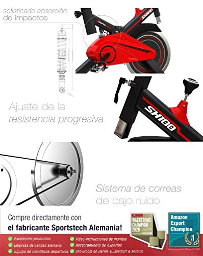 Sportstech SX100 Bicicleta Indoor; Volante de inercia 13kg; reposabrazos Acolchados, Asiento cómodo, pulsometro, Sistema de transmisión por Correa y Motor silencioso - con Kinomap & eBook Gratis