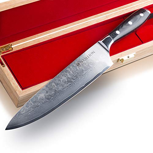 Stallion Cuchillo de Damasco Wave - Cuchillo de Chef 22 cm de Acero damasceno en una Elegante Caja de Regalo