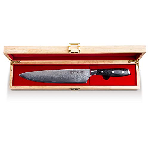 Stallion Cuchillo de Damasco Wave - Cuchillo de Chef 22 cm de Acero damasceno en una Elegante Caja de Regalo