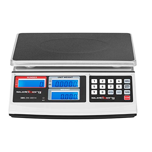 Steinberg Systems SBS-ZW-3001H Balanza Cuentapiezas Bascula Digital Balanza Comercial (30 kg / 1 g, Plataforma 26 x 21 cm, LCD, incl. Batería y Cargador) Blanca