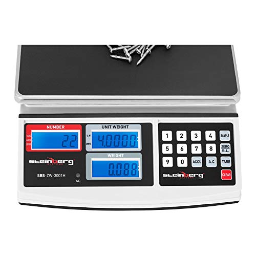 Steinberg Systems SBS-ZW-3001H Balanza Cuentapiezas Bascula Digital Balanza Comercial (30 kg / 1 g, Plataforma 26 x 21 cm, LCD, incl. Batería y Cargador) Blanca