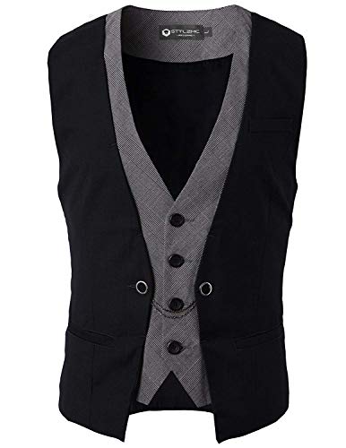 STTLZMC Hombre Chaleco de Traje Blazers Waistcoat sin Manga 2in1 Formal Boda Ceremonia,Negro,Large