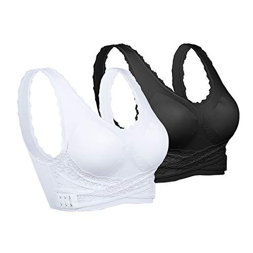 Sujetador deportivo Vertvie para mujer, con cierre frontal, sin aros, top para yoga, fitness, entrenamiento, elástico, de bienestar Color blanco y negro. XL