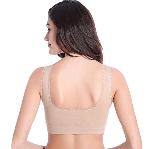 Sujetador deportivo Vertvie para mujer, sujetador de encaje fino, cierre frontal, sin aros, top para yoga, fitness, entrenamiento, elástico, de bienestar C-3*color carne XL