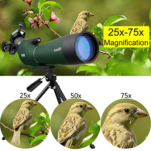 Svbony SV28 Telescopio Terrestre 25-75x70 Impermeable Prisma BAK4 Lente óptica Recubierta MC Zoom Spotting Scope con Trípode y Adaptador de Smartphone