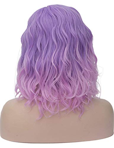 SYMALL 14" 36CM Peluca corta rizada de pelo medio largo rizado ondulado para mujer cosplay fiesta peluca sintética de moda calor resistente, (morado a rosa)