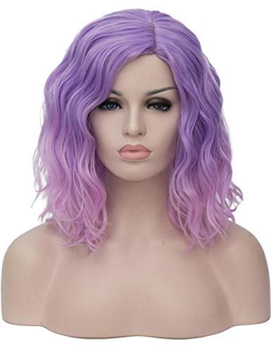 SYMALL 14" 36CM Peluca corta rizada de pelo medio largo rizado ondulado para mujer cosplay fiesta peluca sintética de moda calor resistente, (morado a rosa)