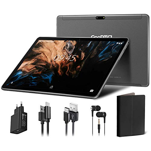 Tablet 10 Pulgadas Full HD Android 9.0 Tablet GOODTEL G3 Quad-Core, RAM de 4GB, ROM de 64GB, Dual SIM Cámara Dual 8000mAh Batería Bluetooth WiFi, Fundas Cuero, Auriculares, Cargadores - Gris