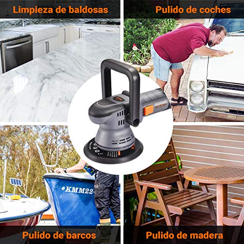 TACKLIFE Pulidora Coche, Pulidora excentrica, 6 velocidades Variables 1500RPM-6400RPM, Base 150-mm/125-mm, D-Mango Desmontable/Mango Lateral, 3M Cable, Lijadora para pulir Auto - PPGJ04A