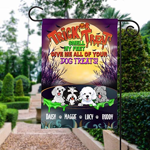 Tamengi truco o trato huele mis pies Give Me All Of Your Dog Treats bandera personalizada de jardín Halloween decoración lona personalizada yarda banderas floral hogar