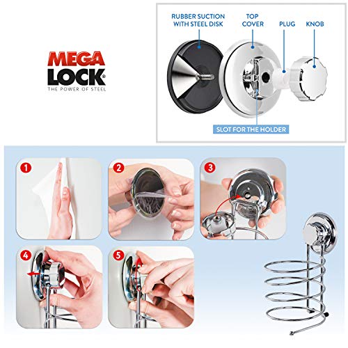 Tatkraft Megalock 11441 - Soporte para secador de pelo, ventosa, acero cromado, 10cm x 12.5cm x 18.5cm