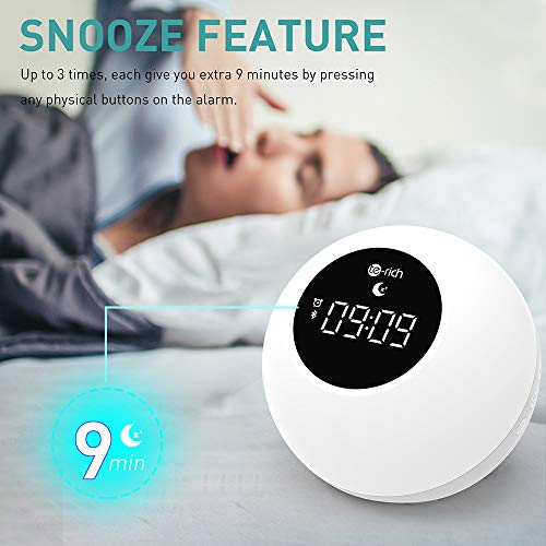 Te-Rich Luz Despertador Recargable para niños con altavoces Bluetooth,Wake up light portátil con Control Táctil,Snooze,7 Colores,6 Sonidos Hipnóticos,2 Modos de iluminación para fiestas/cumpleaños