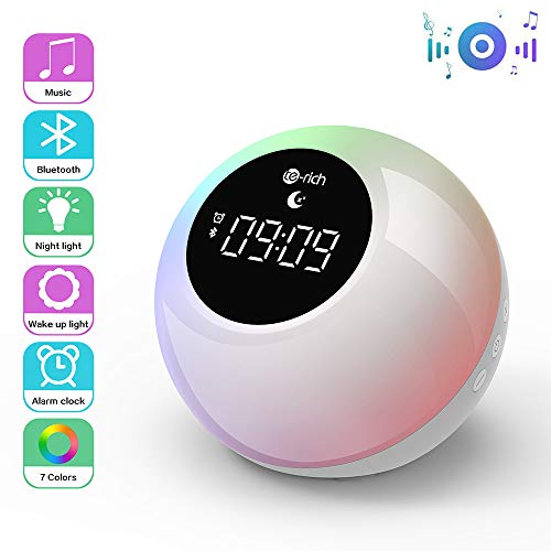 Te-Rich Luz Despertador Recargable para niños con altavoces Bluetooth,Wake up light portátil con Control Táctil,Snooze,7 Colores,6 Sonidos Hipnóticos,2 Modos de iluminación para fiestas/cumpleaños