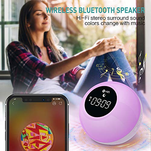 Te-Rich Luz Despertador Recargable para niños con altavoces Bluetooth,Wake up light portátil con Control Táctil,Snooze,7 Colores,6 Sonidos Hipnóticos,2 Modos de iluminación para fiestas/cumpleaños