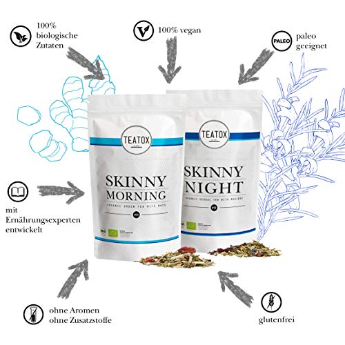 TEATOX Skinny Teatox Programa, Morning & Night, té verde orgánico con mate & infusión orgánica de hierbas con rooibos (Ziplocks 14 Días)