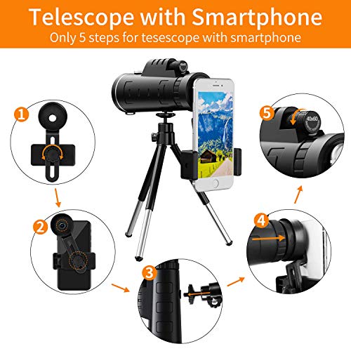 Telescopio Monocular,40x60 HD Impermeable y Antivaho Monoculares de Largo Alcance para Movil con trípode y Adaptador para Smartphone,Ideal para Observación de Aves Caza Conciertos Viaje