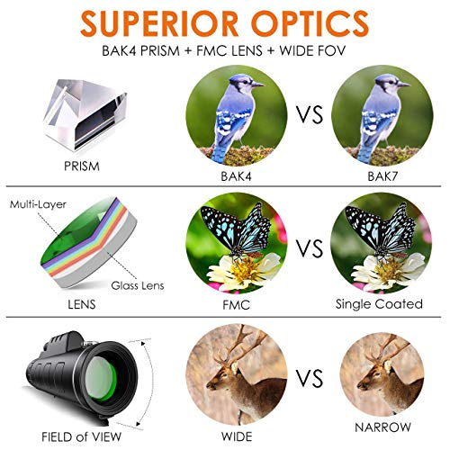 Telescopio Monocular,40x60 HD Impermeable y Antivaho Monoculares de Largo Alcance para Movil con trípode y Adaptador para Smartphone,Ideal para Observación de Aves Caza Conciertos Viaje