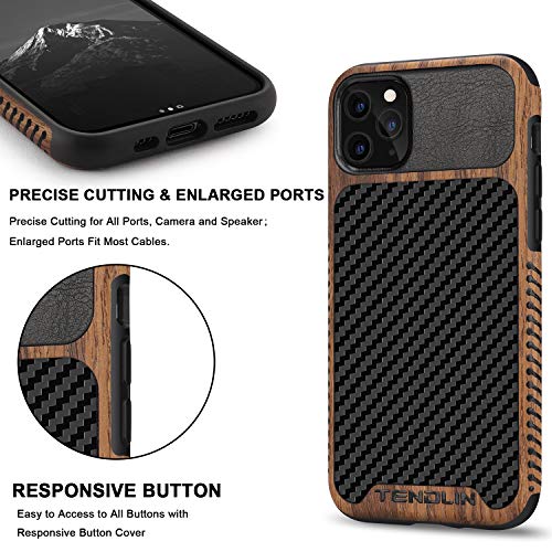 TENDLIN Funda iPhone 11 Pro Madera con Carbono y Cuero Híbrido Carcasa Compatible con iPhone 11 Pro (Negro)