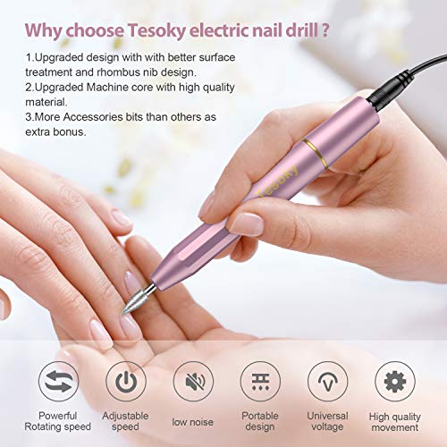 Tesoky Torno para Uñas, Lima de Uñas Profesionales con Set de 11 Tipos de Brocas de Pulido Pedicura, Lima Electrica Uñas de Vlocidad Ajustable para Manicura Pedicura, Set de Manicura para Salón DIY