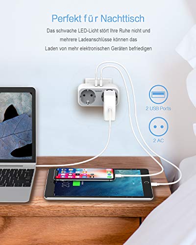 TESSAN Enchufe USB Pared, 4 en 1 Cargador USB con Doble USB (2.4A) y 2 Tomas de CA(4000W), Ladron Enchufe Multiple Compatible con iPhone, iPad, Samsung, Enchufe Pared Doble para el Hogar, Oficina