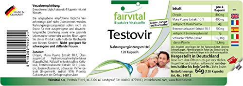 Testovir - Crisina + Ortiga + Muira Puama + Pimienta Negra - Suplemento VEGANO - PARA HOMBRES - Dosis elevada - 120 Cápsulas - Calidad Alemana