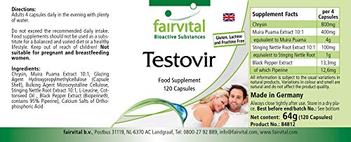 Testovir - Crisina + Ortiga + Muira Puama + Pimienta Negra - Suplemento VEGANO - PARA HOMBRES - Dosis elevada - 120 Cápsulas - Calidad Alemana