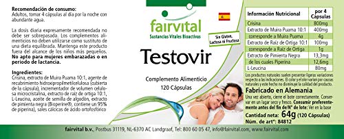 Testovir - Crisina + Ortiga + Muira Puama + Pimienta Negra - Suplemento VEGANO - PARA HOMBRES - Dosis elevada - 120 Cápsulas - Calidad Alemana