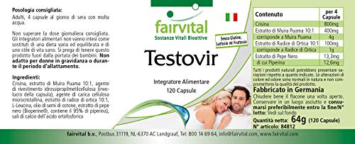 Testovir - Crisina + Ortiga + Muira Puama + Pimienta Negra - Suplemento VEGANO - PARA HOMBRES - Dosis elevada - 120 Cápsulas - Calidad Alemana