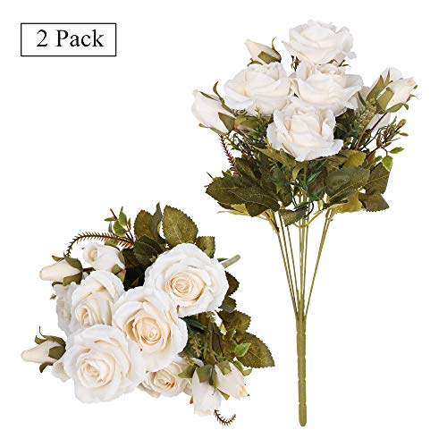 Tifuly Rosas Artificiales, 2 Ramos 12 Flores de Seda Cabezas de Flores Falsos capullos de Rosas para el hogar Oficina Hotel Decoración de la Boda, Arreglo Floral, Centros de Mesa(Blanco Crema)