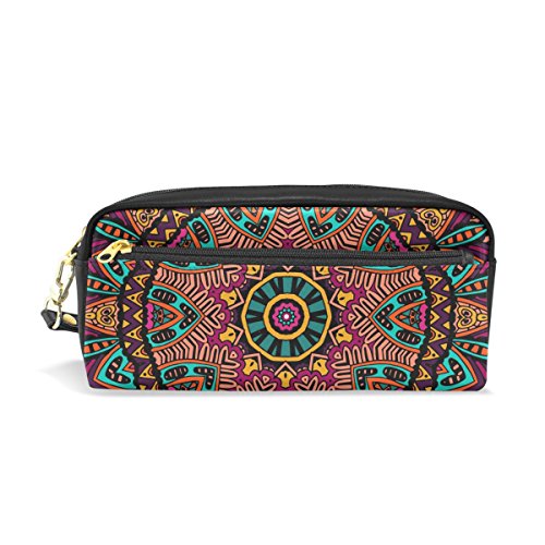 TIZORAX - Estuche de piel sintética con diseño de flores y etnias, estilo tribal, para estudiantes, estuche para bolígrafos, maquillaje y cosméticos