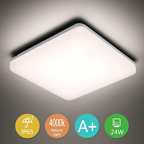 Tomshine - Lámpara de techo LED de 24 W, luz de baño IP65, resistente al agua, 4000 K, color blanco natural, lámpara de techo cuadrada para dormitorio, pasillo, oficina, comedor