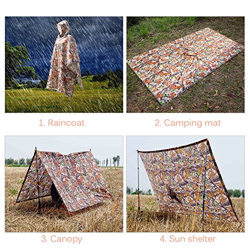 TOMSHOO Poncho de Lluvia Impermeable y Multifuncional Reusable como Toldo Manta, Estera de Camping,Cubierta de Dosel para Senderismo,Cámping y Pesca Ciclismo Unisex