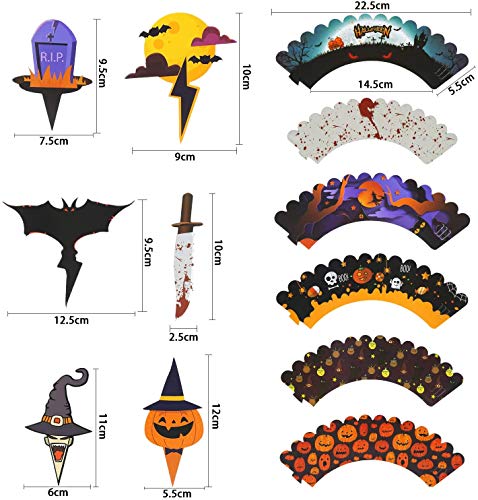 Topper de Tarta, 48pcs Topper Magdalenas Halloween Cupcake Toppers Cupcake Adorno Murciélago Calabaza Decoración de Halloween