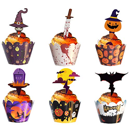 Topper de Tarta, 48pcs Topper Magdalenas Halloween Cupcake Toppers Cupcake Adorno Murciélago Calabaza Decoración de Halloween