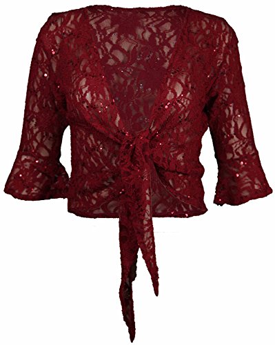 Torera de encaje de manga 3/4 corta para mujer con nudo, talla grande Rojo rosso 24-26