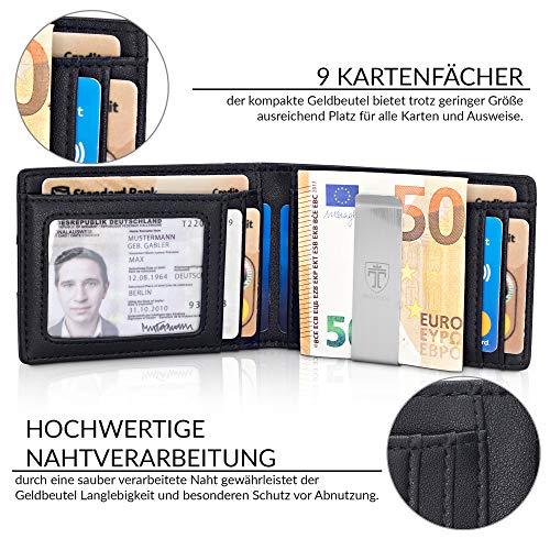 TRAVANDO ® Cartera con Pinza para Billetes Seattle - 9 Compartimientos - Bloqueo RFID - Tarjetero pequeña - Regalo para el Hombre - Estuche Regalo - Diseñado en Alemania (Carbon)