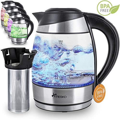 TRESKO Hervidor de Agua Eléctrico de Cristal 1,8L con Iluminación LED | Incluye Filtro de Té & Antical | Acero Inoxidable | 2200W | Temp. Regulable | Desconexión Automática | Libre de BPA