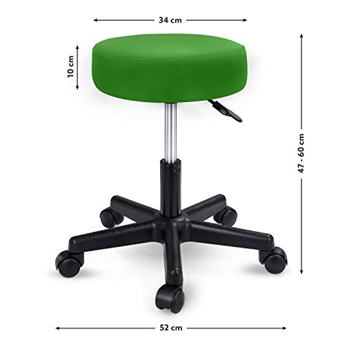 TRESKO Taburete con Ruedas Taburete Giratorio cosmético de Trabajo Consulta, Regulable en Altura, Giratorio en 360°, con Asiento Acolchado de 10 cm y 8 Variantes de Colores (Verde)