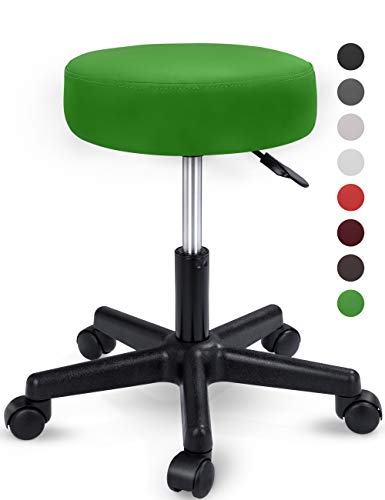 TRESKO Taburete con Ruedas Taburete Giratorio cosmético de Trabajo Consulta, Regulable en Altura, Giratorio en 360°, con Asiento Acolchado de 10 cm y 8 Variantes de Colores (Verde)