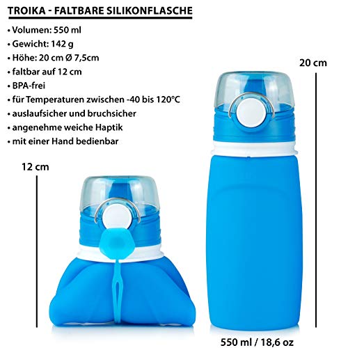 TROIKA - Botella de Silicona Plegable - Capacidad: 550 ml / 18,6 oz - Enrollable y a Prueba de Fugas - para Deporte. para Uso en Exteriores. Escuela y Camping, sin BPA, Silicona médica, Color Azul