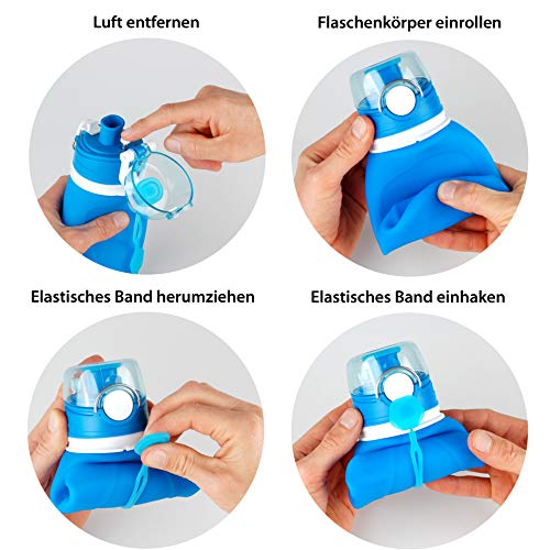 TROIKA - Botella de Silicona Plegable - Capacidad: 550 ml / 18,6 oz - Enrollable y a Prueba de Fugas - para Deporte. para Uso en Exteriores. Escuela y Camping, sin BPA, Silicona médica, Color Azul