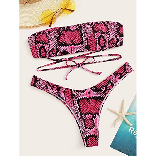 TUDUZ Mujer Bikini Piel De Serpiente Patrón Vendaje De Dos Piezas Bikini Set Tankinis Ropa De Playa Traje De Baño (Rosa Caliente, M)