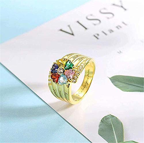 TWinkle Anillo Personalizado con Nombre de Las Madres con 6 Anillos de corazón con Piedras natales Anillo Familiar - Grabe con 6 Nombres y Dentro de los Anillos(Oro-14.5)