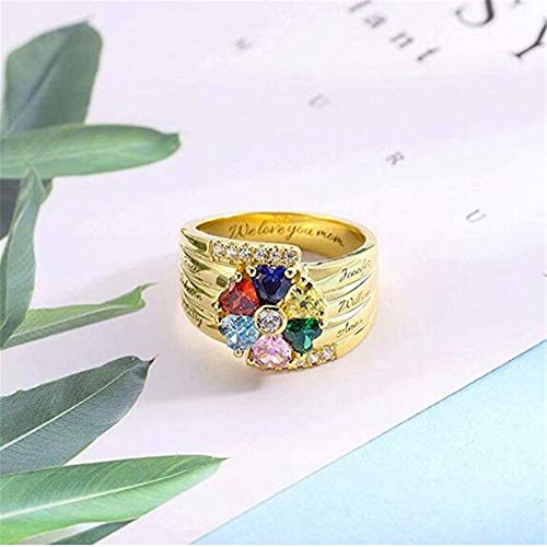 TWinkle Anillo Personalizado con Nombre de Las Madres con 6 Anillos de corazón con Piedras natales Anillo Familiar - Grabe con 6 Nombres y Dentro de los Anillos(Oro-14.5)