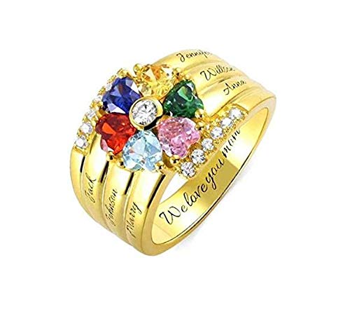 TWinkle Anillo Personalizado con Nombre de Las Madres con 6 Anillos de corazón con Piedras natales Anillo Familiar - Grabe con 6 Nombres y Dentro de los Anillos(Oro-14.5)