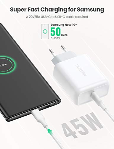 UGREEN 45W Cargador USB C, Cargador Power Delivery 3.0 Cargador Carga Rápida para Samsung S20 Ultra S10 Note 20 Note 10 Xiaomi Mi 9 Redmi 9 iPhone 11 X Huawei P20 iPad Pro 2020 Macbook Pro 13" Air 13"