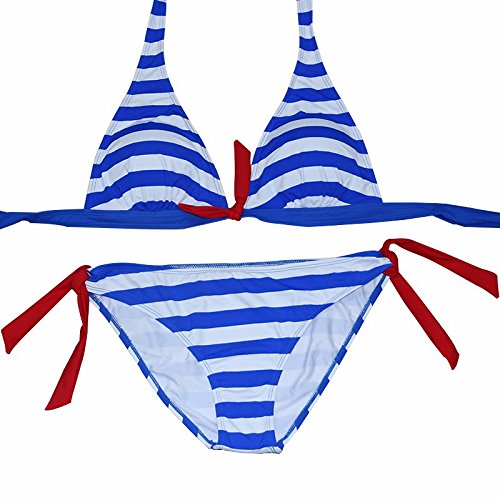 UMIPUBO Traje de baño de Las Rayas de Las Mujeres Traje de baño Atractivo del Halter Acolchado Caliente Bikini (X-Large, Azul)